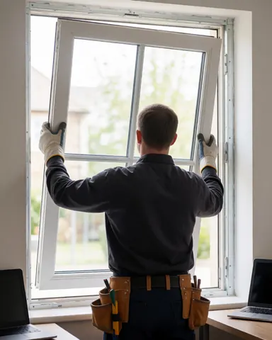 A technician wearing gloves and a tool belt adjusts the frame of an insulated window during a professional installation service.