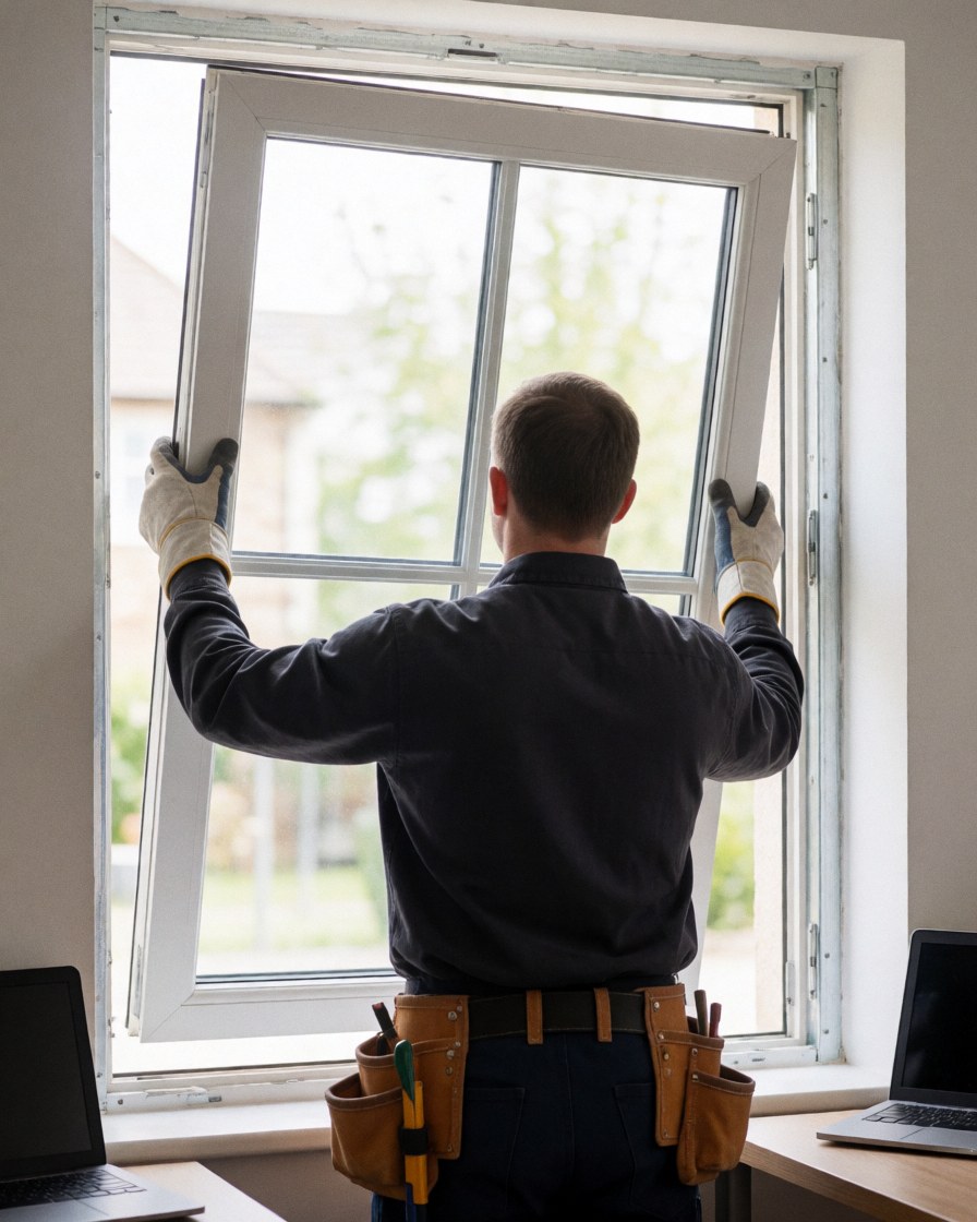 A technician wearing gloves and a tool belt adjusts the frame of an insulated window during a professional installation service.
