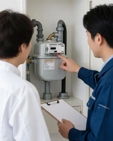 A gas technician in a blue uniform points to a gas meter while explaining it to an attentive customer in a service area.
