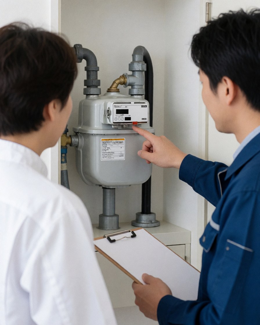 A gas technician in a blue uniform points to a gas meter while explaining it to an attentive customer in a service area.