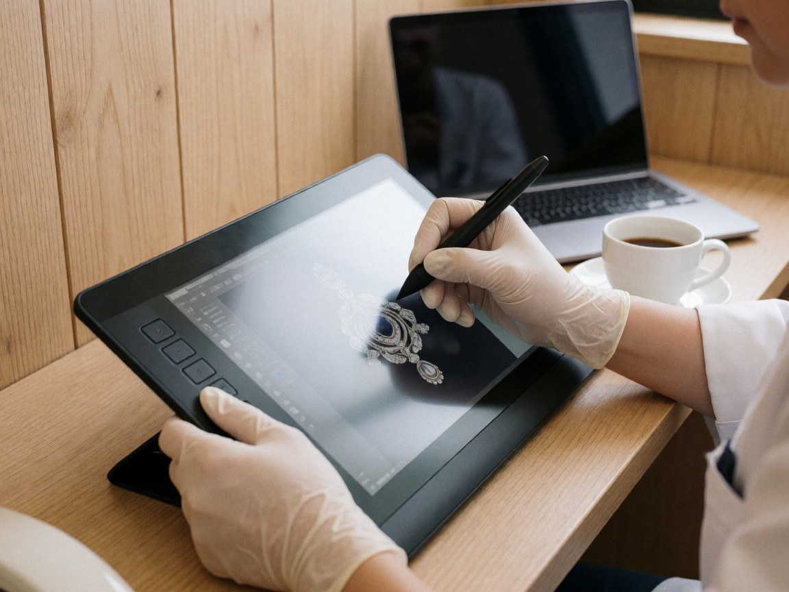 Gloved hands using a stylus to retouch jewelry on a graphics tablet, with a coffee cup and light wood walls, suitable for product photography.