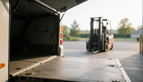 Open truck rear door with a forklift in the background on a concrete floor, illuminated by soft natural light, ideal for public transport text background