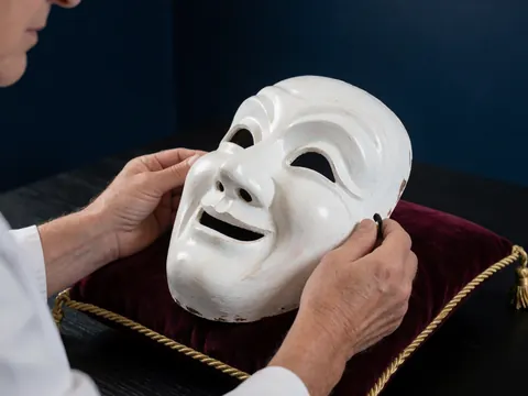 Close-up of a white theater mask being painted with a brush on a red cushion against a navy blue wall