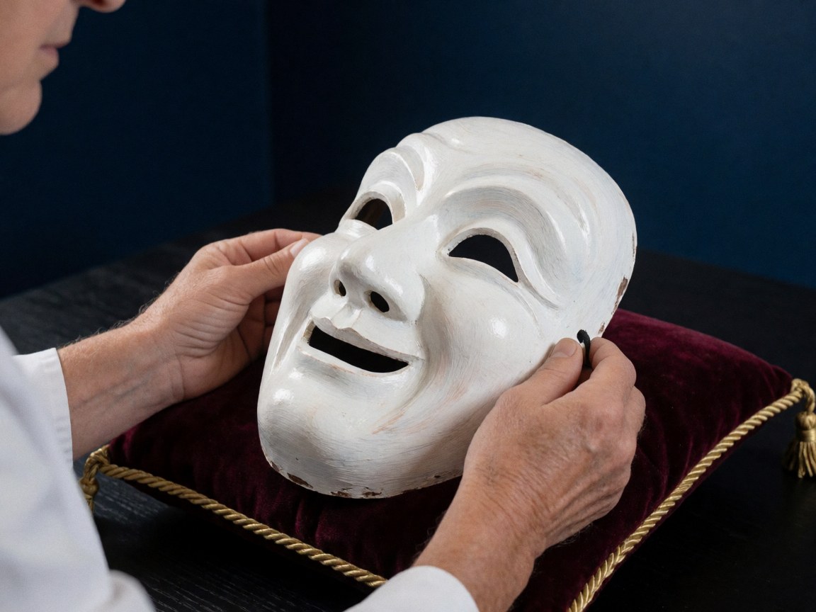 Close-up of a white theater mask being painted with a brush on a red cushion against a navy blue wall