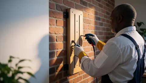 A professional installs a climbing board on a brick wall during sunset with tools in hand for a climbing class.