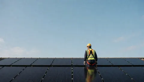 Technician in a reflective vest and helmet inspects solar panels on a roof under a clear blue sky