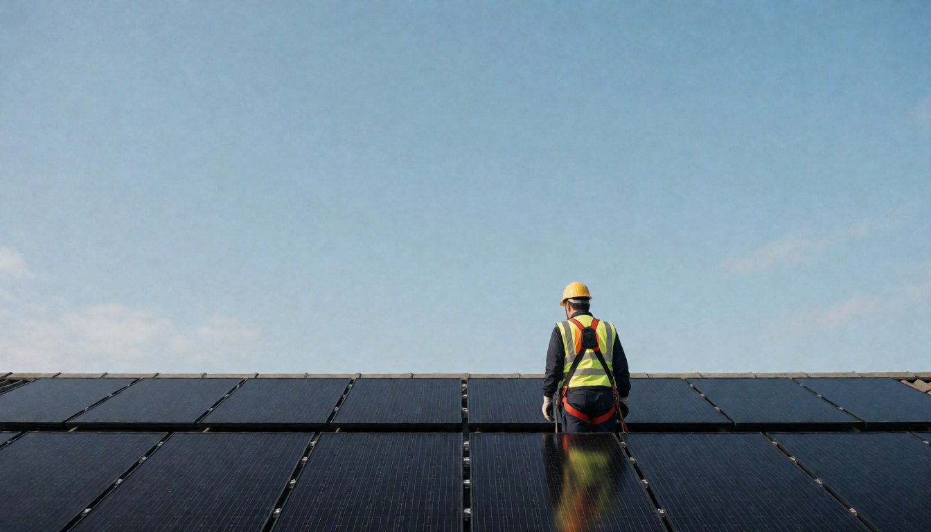 Technician in a reflective vest and helmet inspects solar panels on a roof under a clear blue sky