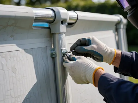 Close-up of gloved hands tightening a screw on the metal framework of a swimming pool, highlighting the connection between posts and rails during installation.