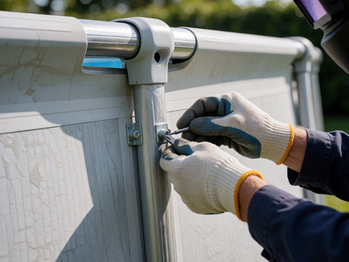 Close-up of gloved hands tightening a screw on the metal framework of a swimming pool, highlighting the connection between posts and rails during installation.