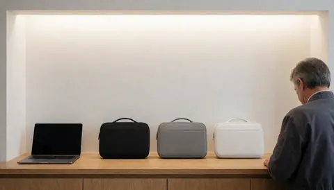 A man looking at black, gray, and white laptop cases on a wooden counter in a modern computer repair store