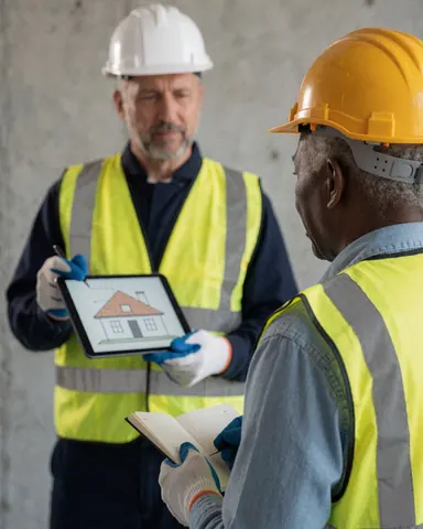 Roof inspector holding a tablet and explaining repair details to a client standing near a concrete wall.