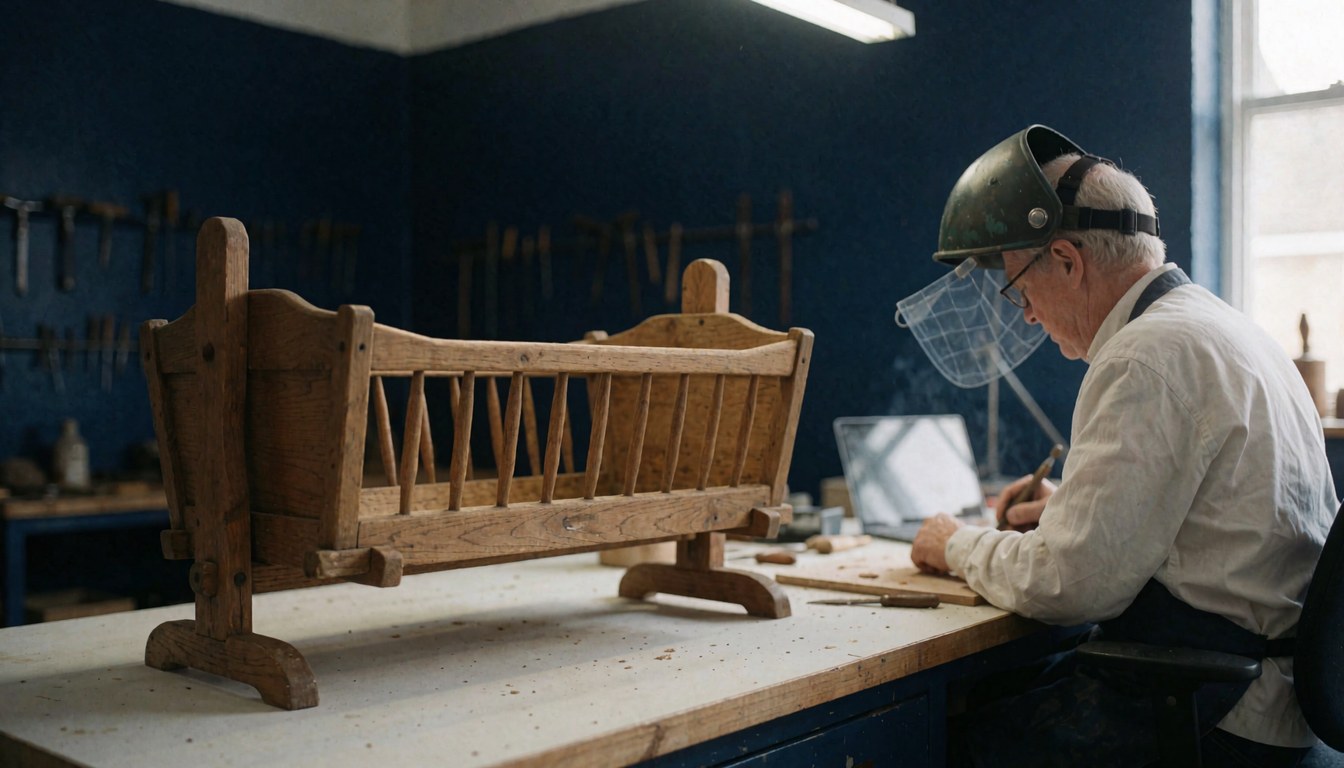 A furniture restorer works on an antique wooden crib in a workshop with blue walls and visible tools.