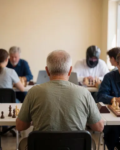 An adult customer solving a chess puzzle at a chess school with visible boards and pieces in the foreground.