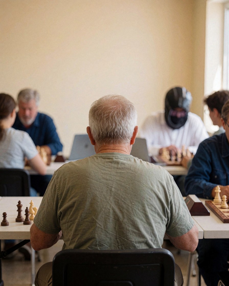 An adult customer solving a chess puzzle at a chess school with visible boards and pieces in the foreground.