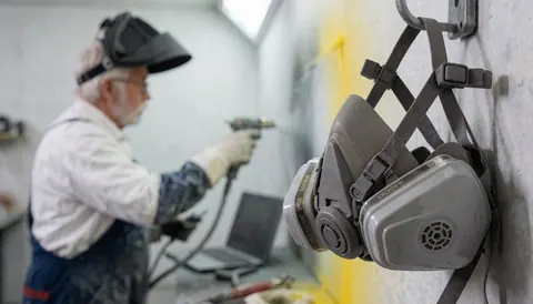 Gray respirator mask hanging on wall while worker in helmet and gloves paints in automotive workshop