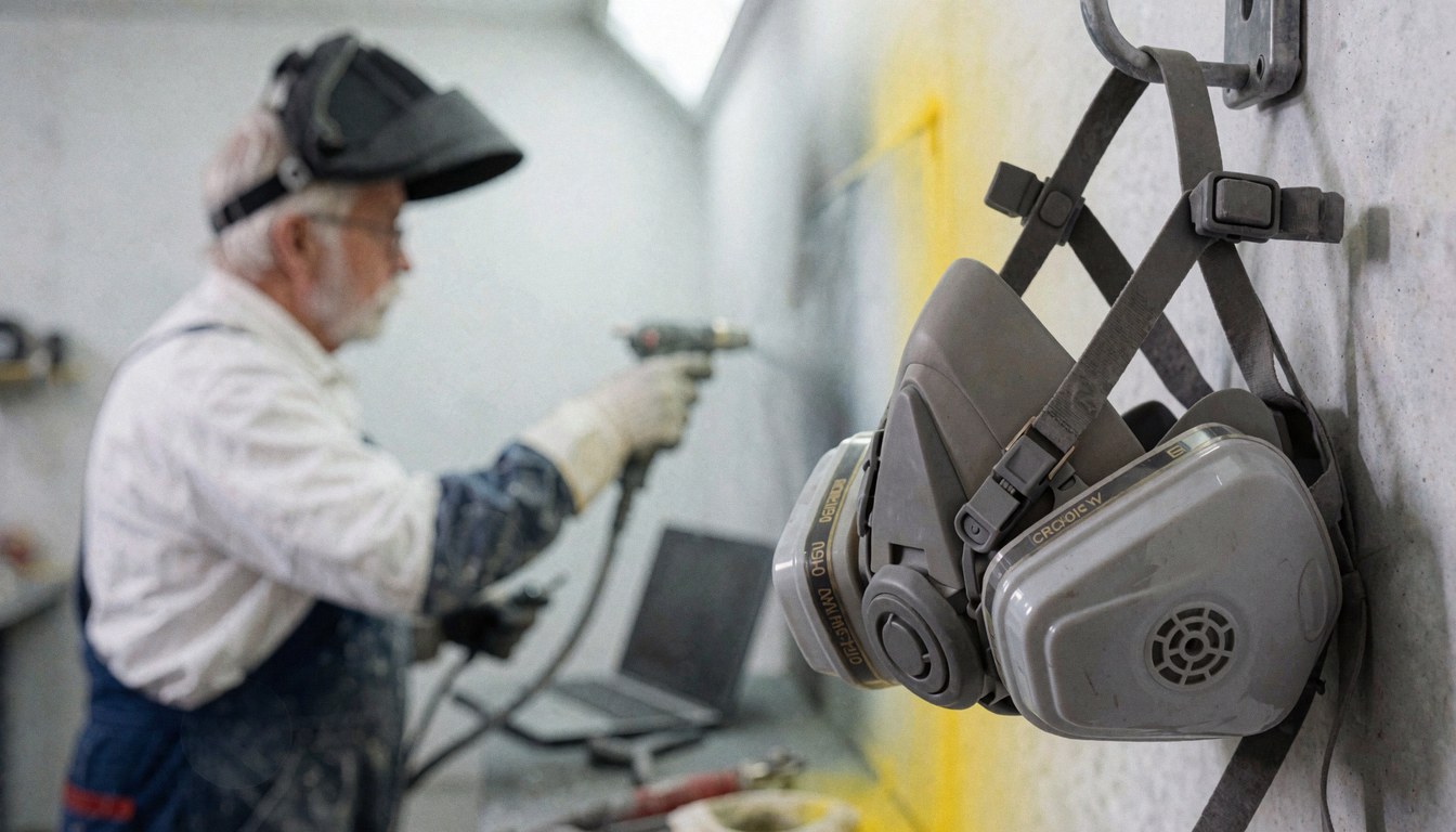 Gray respirator mask hanging on wall while worker in helmet and gloves paints in automotive workshop