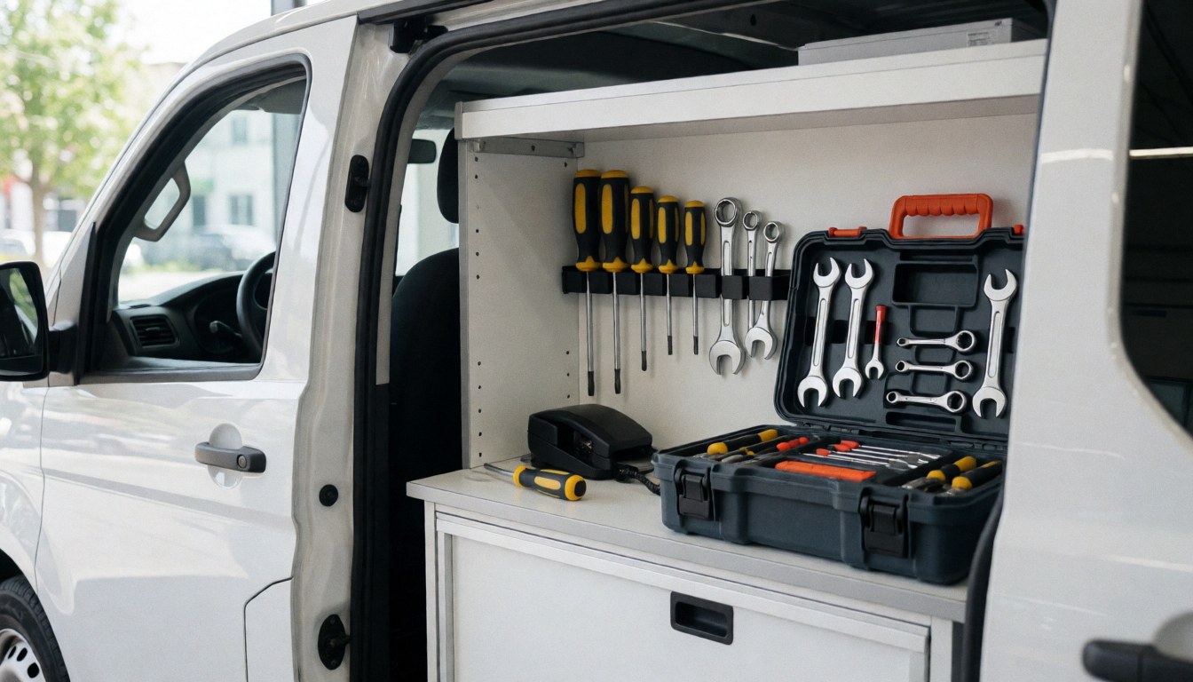 Interior of a white van with neatly arranged repair tools on shelves and boxes, illuminated by natural light, ideal for printer repair services.