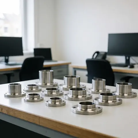 Polished metal flanges resting on a clean office worktable, suitable for the gas industry