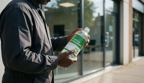 A worker holding a bottle of biodegradable detergent in front of a glass facade illuminated by natural light for window cleaning services