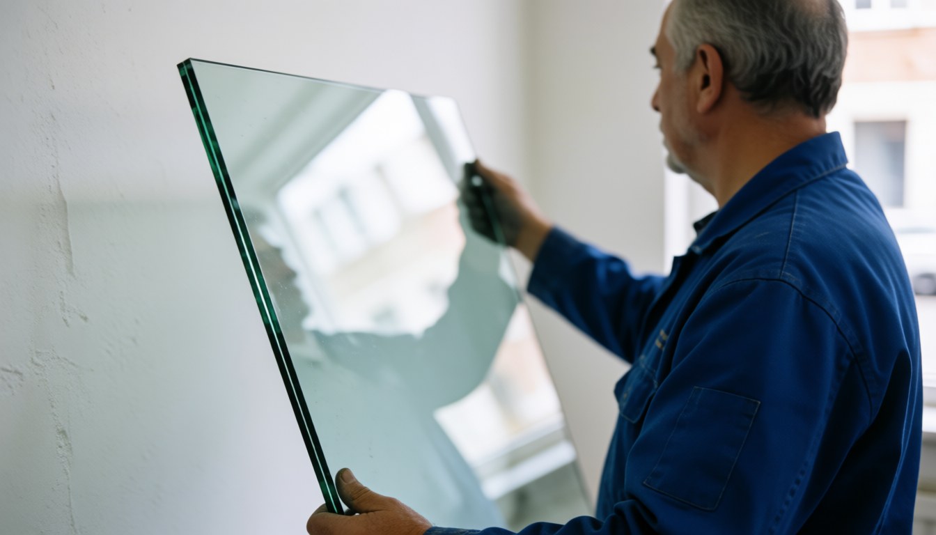 Professional glazier in blue uniform holding a large transparent glass panel against a white wall with visible reflections