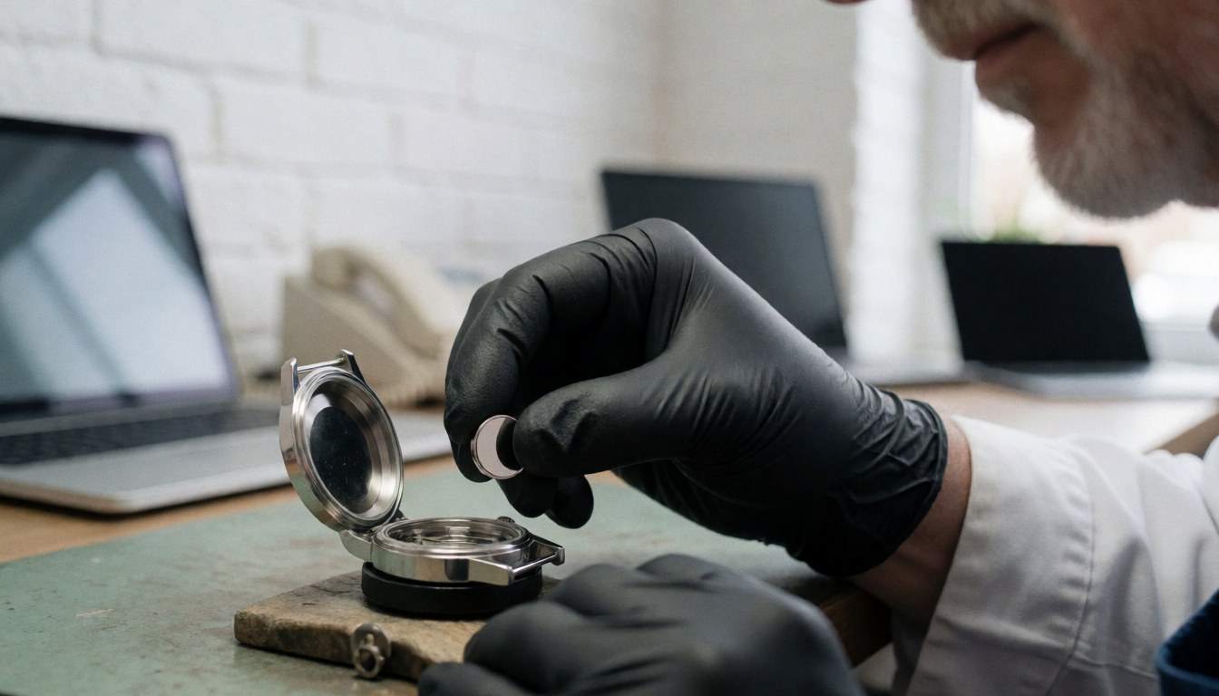 Close-up of a black gloved hand carefully inserting a battery into an open watch case on a work surface