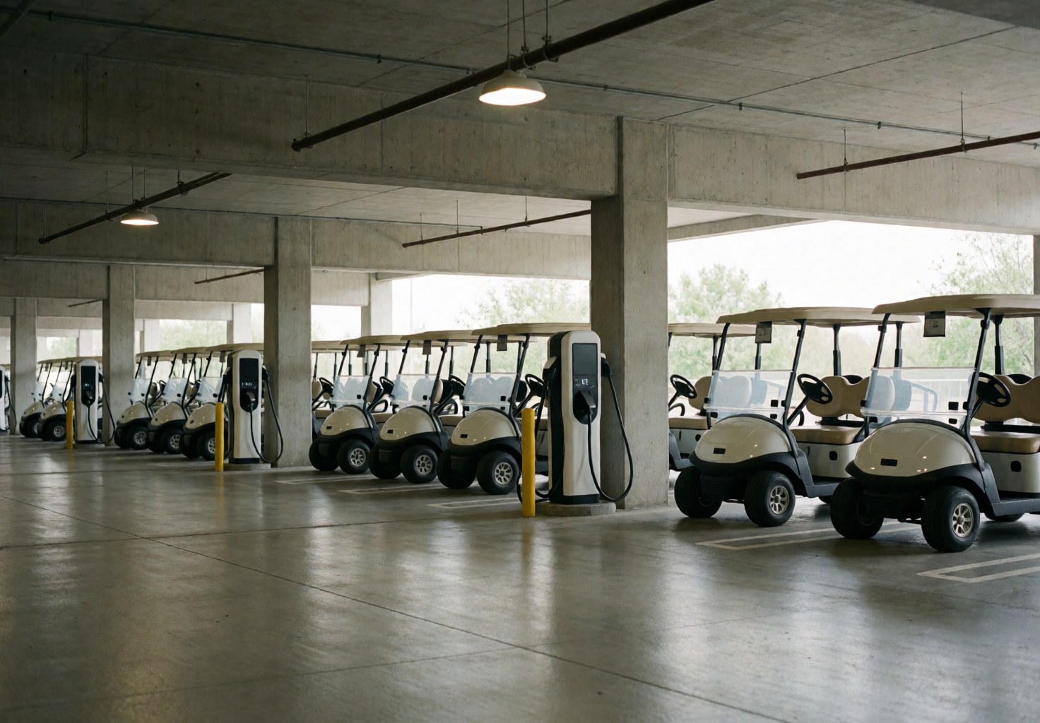 White golf carts lined up at modern charging stations in a covered concrete parking area for a golf course business.