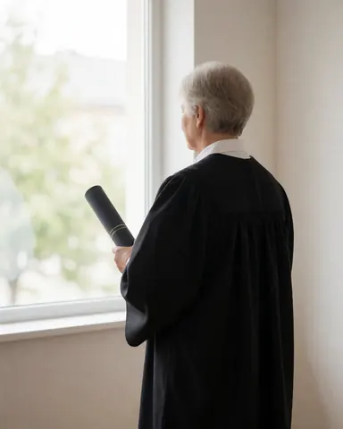 A graduate in a black dress stands with her back to the camera, holding a rolled diploma while looking out a window with natural light.