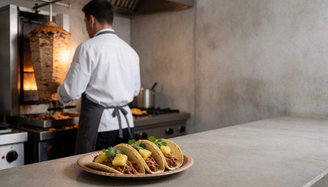 Chef preparing tacos with pineapple and cilantro in a warm professional kitchen setting.