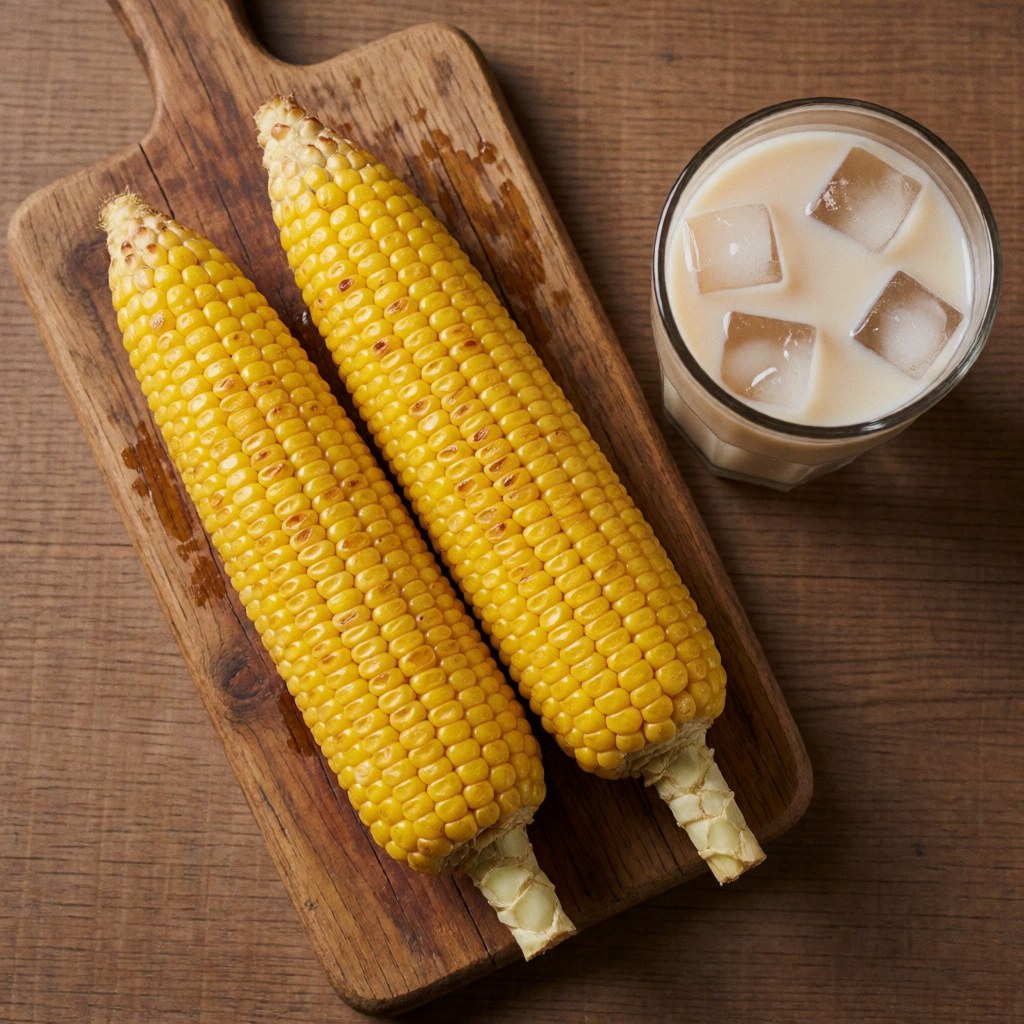 Top view of two grilled corn cobs and a glass of iced horchata served on a rustic wooden board, representing street food.