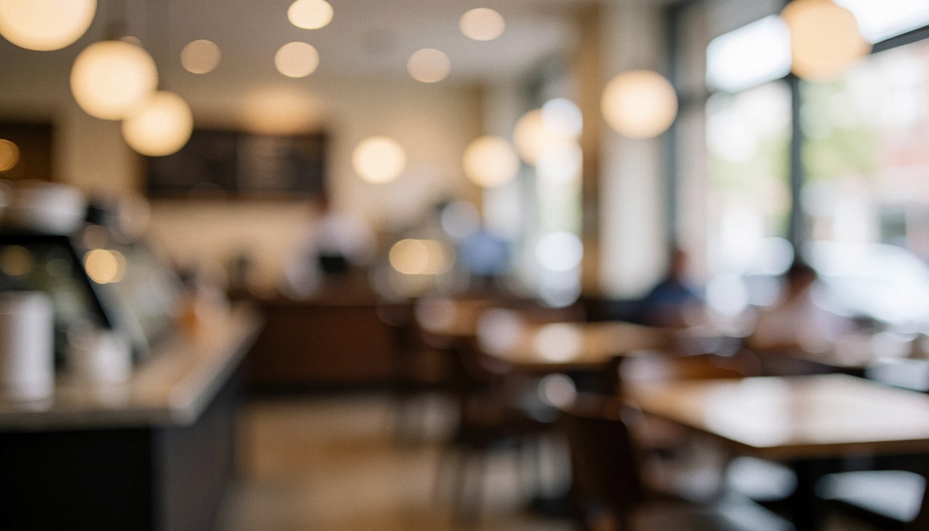 Soft focus background of a coffee shop interior featuring tables, chairs, and hanging lights, suitable for text or logo placement.