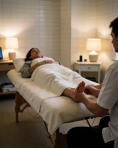 Therapist massaging a relaxed client's foot on a treatment table in a room with white tiled walls and warm lamp lighting