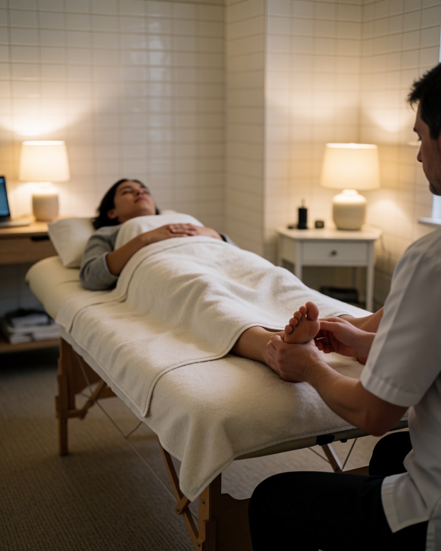 Therapist massaging a relaxed client's foot on a treatment table in a room with white tiled walls and warm lamp lighting
