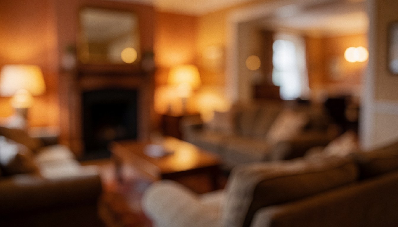 Warm blurred background of a hostel lounge featuring a fireplace, sofas, and ambient lighting, ideal for text overlay