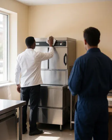 Technician in uniform cleaning a commercial dishwasher in a restaurant kitchen with natural light, showing repair and maintenance service.