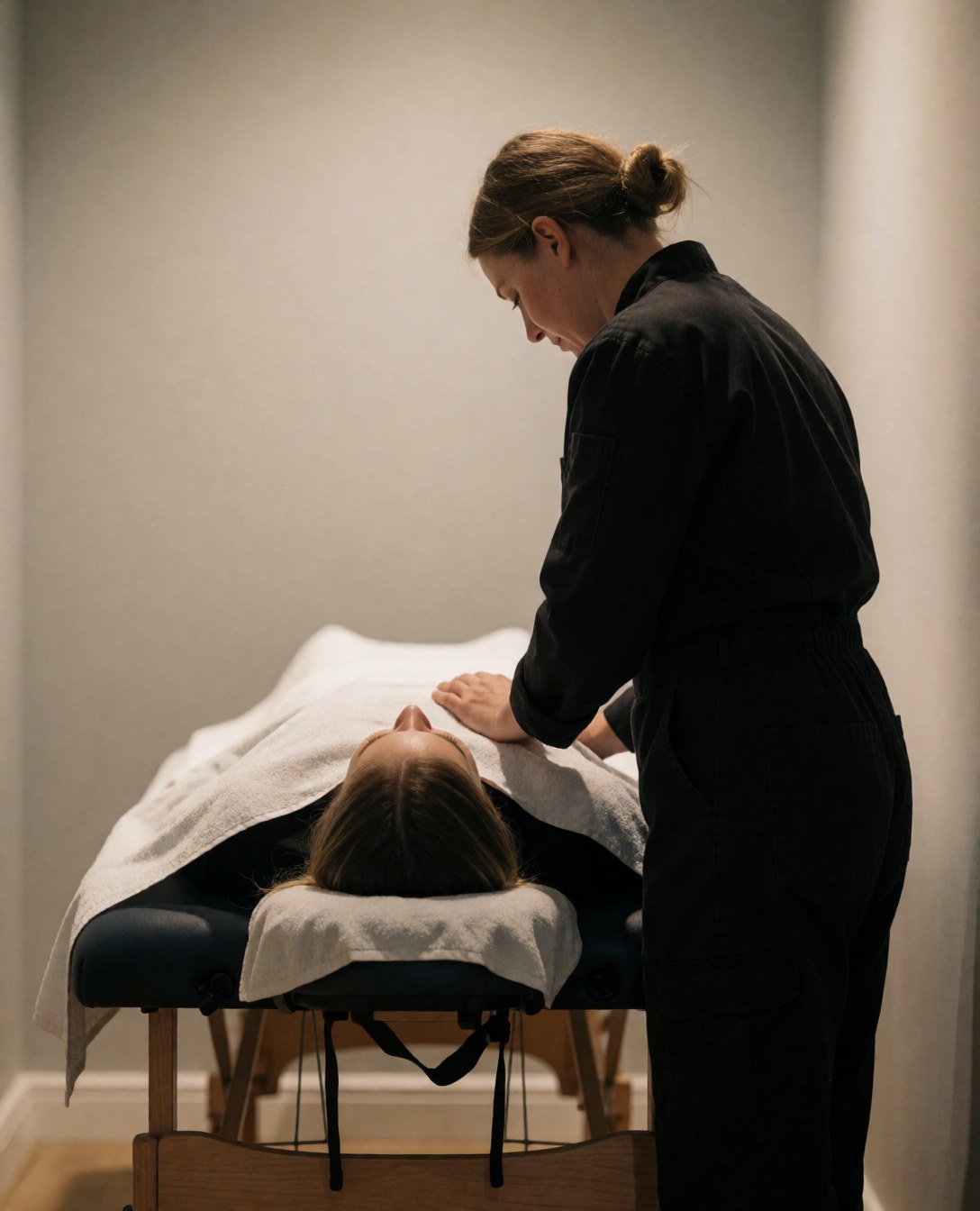Professional massage therapist applying body massage to a client on a table in a salon with gray walls and warm lighting.