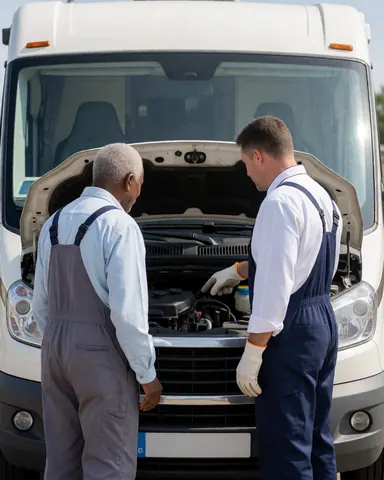 Mechanic and customer checking the engine of a recreational vehicle with the hood open at an outdoor workshop.