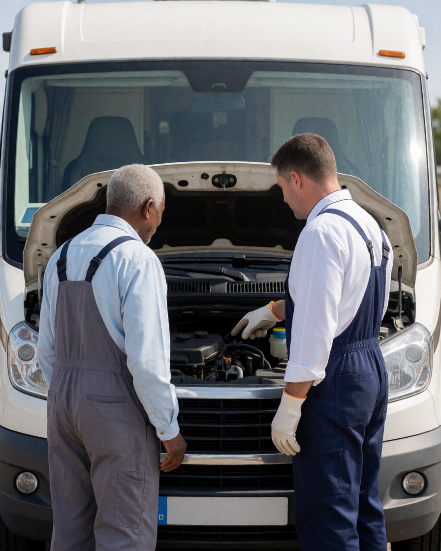 Mechanic and customer checking the engine of a recreational vehicle with the hood open at an outdoor workshop.