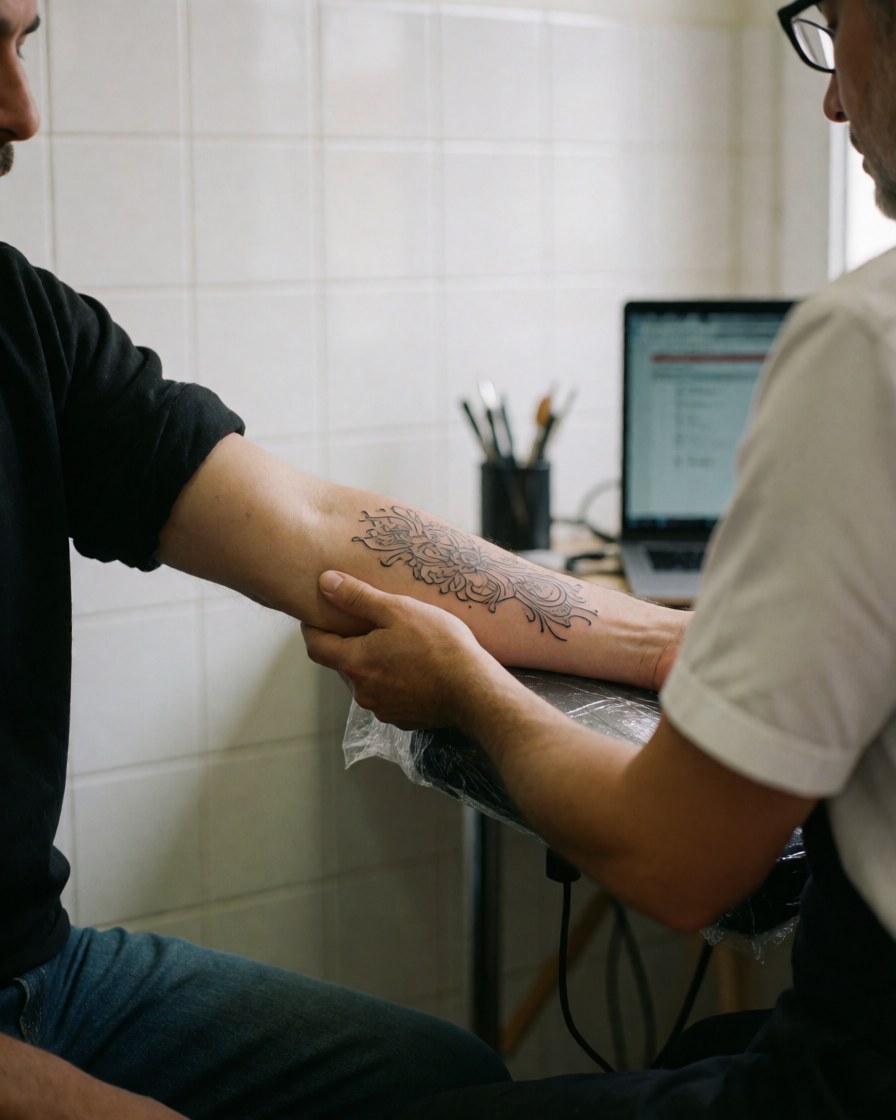 Close-up of a client displaying a fine line floral tattoo on their arm inside a tattoo studio with white tiled walls.