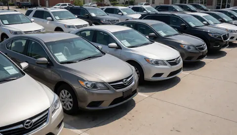 Neat row of new sedans and SUVs under bright sunlight on concrete, ideal for vehicle sales hero image