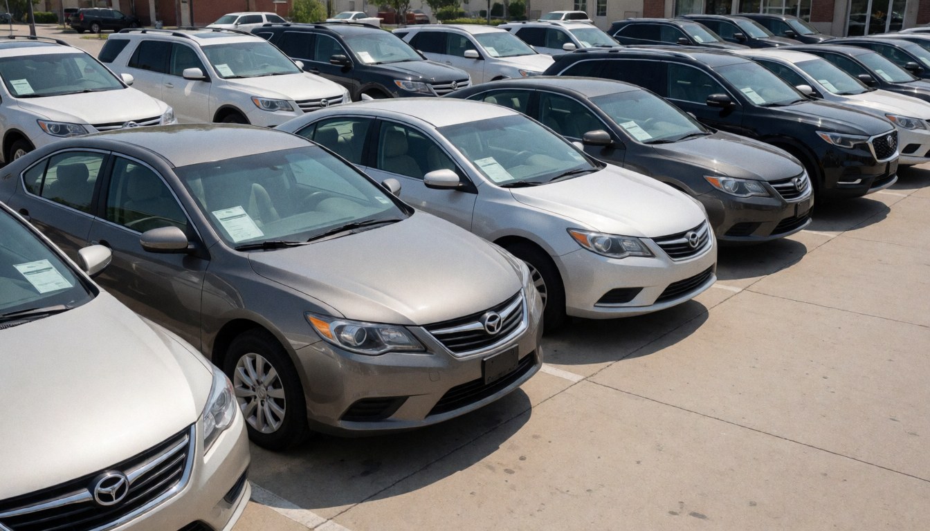 Neat row of new sedans and SUVs under bright sunlight on concrete, ideal for vehicle sales hero image