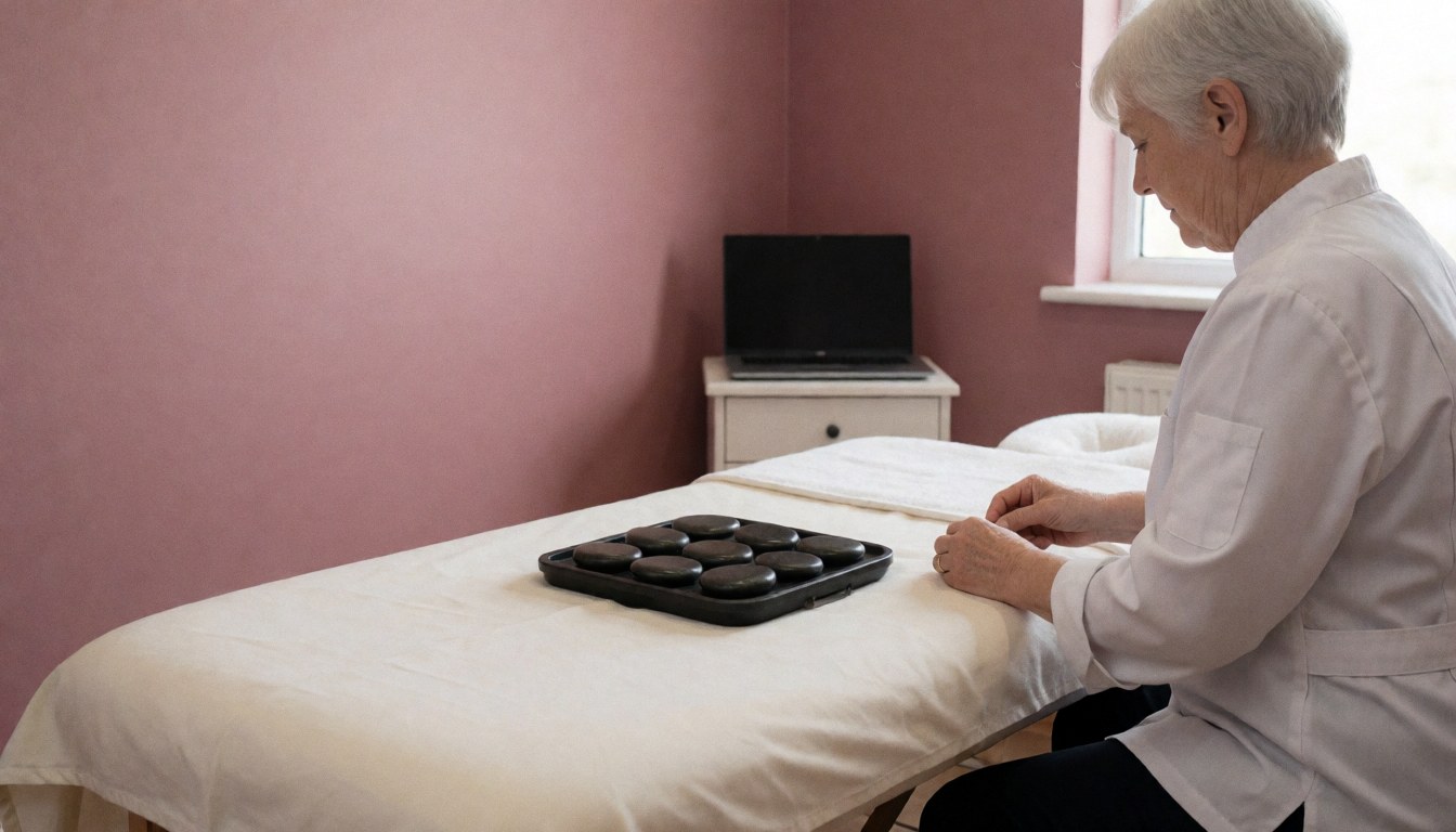 A therapist prepares hot stones on a massage table in a serene pink room for geriatric care