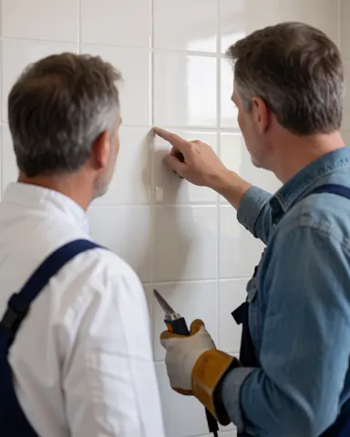 Mason pointing at white tile grout joint on a bathroom wall during a finished work inspection under soft indoor lighting