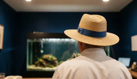 Back view of an adult wearing a straw hat looking at a large aquarium in a room with dark blue walls, suitable for aquatic business websites.