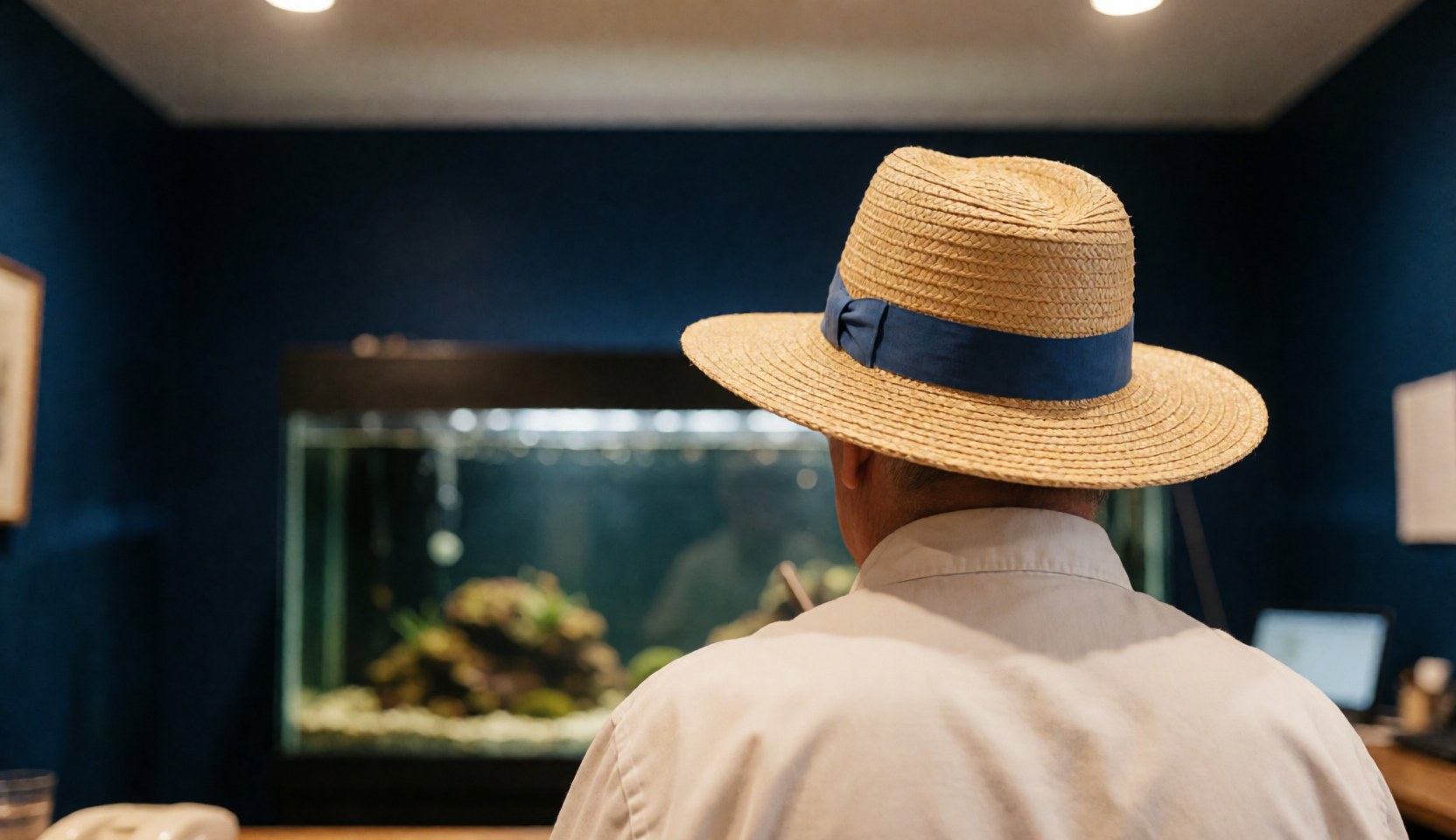 Back view of an adult wearing a straw hat looking at a large aquarium in a room with dark blue walls, suitable for aquatic business websites.