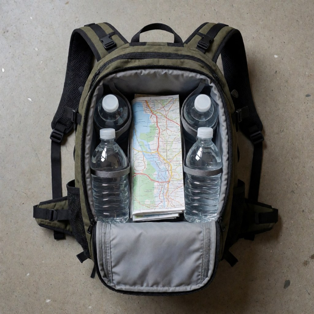 An open travel backpack containing maps and water bottles placed on a concrete surface, ready for urban exploration.