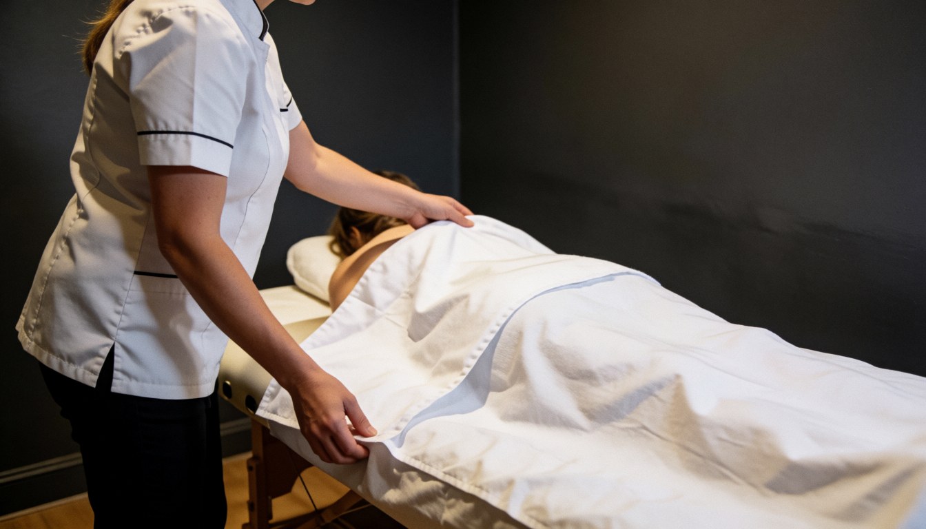 Therapist adjusting white sheets on a massage table in a treatment room with gray walls and warm lighting