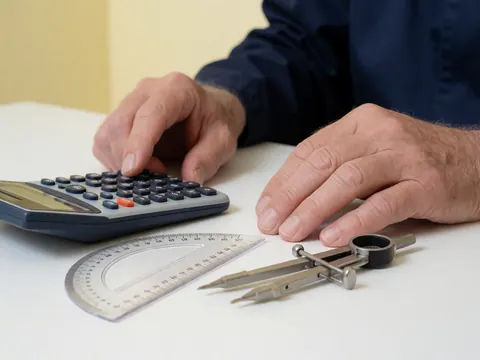 Close-up of hands using a calculator and geometry compass on a white desk for stationery needs