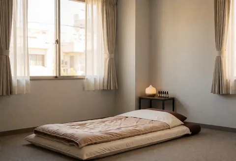 A tranquil shiatsu treatment room featuring a folded futon, an essential oil diffuser, and bottles of oil, illuminated by natural light from windows.