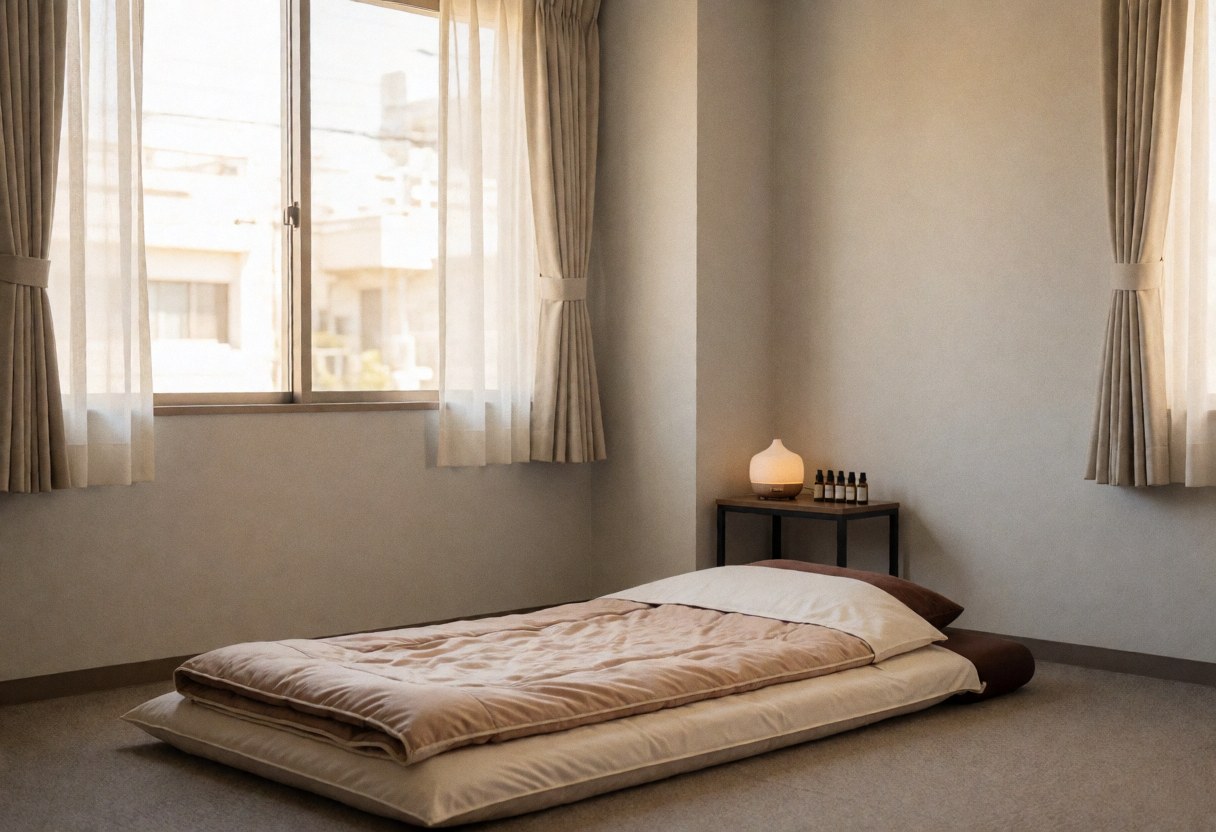A tranquil shiatsu treatment room featuring a folded futon, an essential oil diffuser, and bottles of oil, illuminated by natural light from windows.