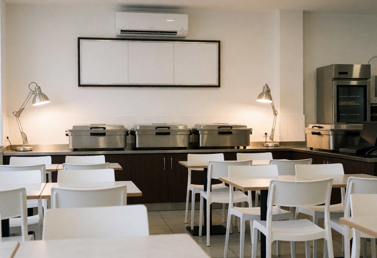 Empty cafeteria interior featuring stainless steel stoves, white tables and chairs, air conditioning, and desk lights suitable for a water park.